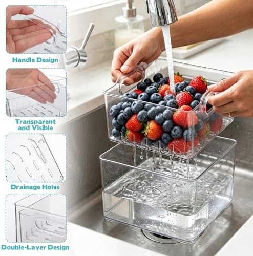 2 Pcs Transparent PET Fruit Draining, Washing Colander Food Storage Boxes, Plastic Cookie Containers, Refrigerator Organizers for Kitchen, Pantry, Vegetables, Fruits(2 Square)