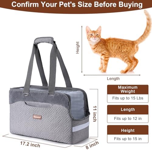 Cat Carrier Bag for Pets Up to 15 Lbs, Fully Open Mesh Roof, Side Vent & 3 Storage Pockets, Cat Dog Crate Travel Bag, Portable & Comfort Soft-Sided Dog Travel Bag, Grey