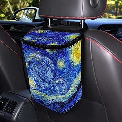 Van Gogh Starry Sky Car Trash Can Car Interior Accessories Organizer Garbage Bag Dustbin Container with Lid Waste Basket Storage Pockets Hanging Vehicle Trash Bin