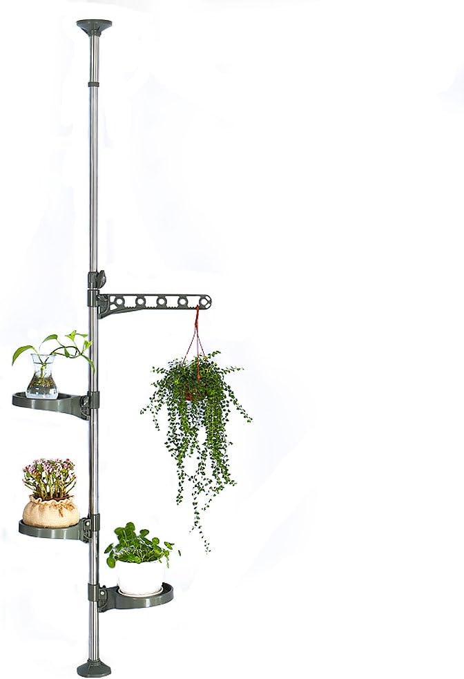 BAOYOUNI Plant Stand Tension Rod, 3 Trays+1 Arm Adjustable Grey | Window Sill Flower Display Rack, Vertical 4-Tier Corner Storage，Indoor Pole Hanger for Counter Top & Home Decor