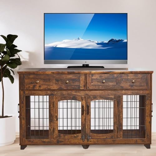 Large Dog Crate Furniture 58" with 2 Drawers & Divider | Heavy-Duty Wood Frame; Detachable Divider; Fits Two Dogs; Sturdy & Chew-Resistant; Easy Assembly; For Living Room Or Bedroom
