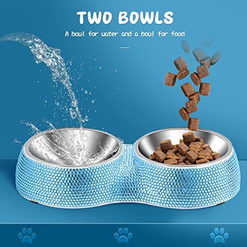 Dog Bowls Water and Food Bowls Stainless Steel with Non-Slip Resin Station and Bling Rhinestones, Pet Feeder Bowls for Puppy Medium Dogs Cats Puppy Pets (Blue, Double)