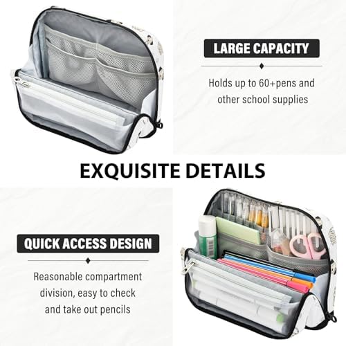 Emelivor Cute Dogs White Pets Pattern Large Capacity Pencil Case Stand Up Pencil Pouch for School Office Aesthetic Pen Organizer Bag with Pockets Portable Makeup Pouch for Adults Teens Kids