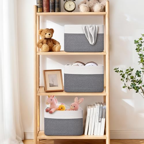 Storage Baskets for Organizing, 4 Pack Baskets for Shelves, Decorative Storage Bins for Shelves, Cotton Rope Storage Basket with Handles, Woven Basket for Storage, 13''Lx8.7''Wx7.9''H, White & Gray