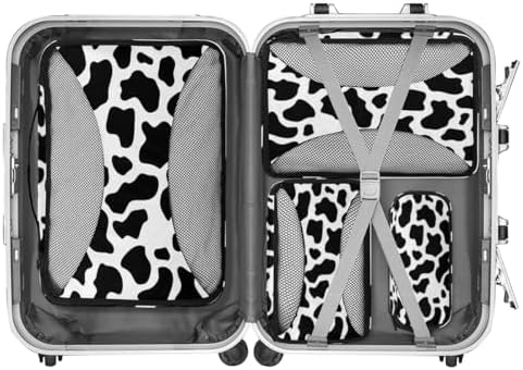 Black White 4 Set Packing Cubes Luggage Organizer Bags for Travel Accessories and Essentials, Fun Cow Print Farm Animal