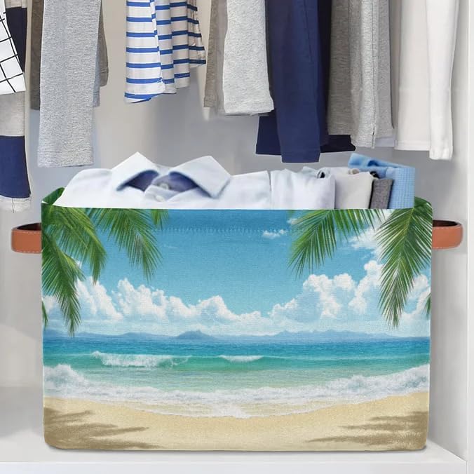 Summer Beach Palm Trees Storage Boxes Theme Storage Nursery Baskets with Handle Closet Collapsible Organizer Shelf Bins for Book Cloth 15 X 11 X 9.5 IN