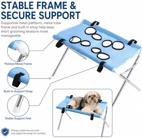 Sylphix 2-in-1 Foldable Pet Grooming Bed,Pet Grooming Bath Stand，Blue | Foldable Pet Bathing Stand With Quick Dry Mesh Table, Secure Support Strap For Nail Trimming,Bathing,Haircuts & Pet Care