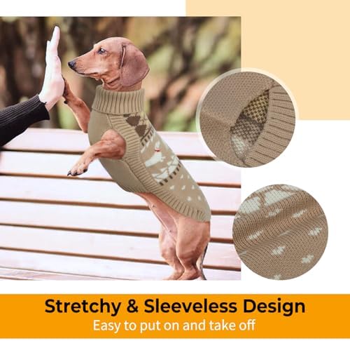 Lelepet Dachshund Sweater Turtleneck Dog Sweaters for Small Dogs (XS-XL) | Pullover Knitted Dog Coat,Cold Weather Dachshund Clothes,Fall/Winter Cozy Outfit for Wiener Dogs,Stretchy Knitwear,XL,Khaki