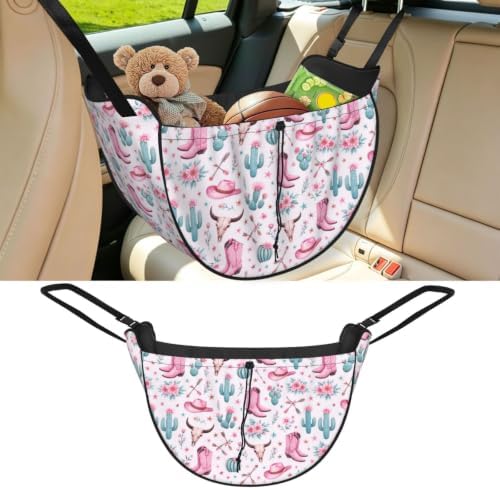 Pink Cowboy Boots Cactus Floral Car Seat Organizer Backseat Storage Bag, Large Waterproof Vehicle Organizer With Adjustable Straps For Gear Essentials, Fits Most Cars