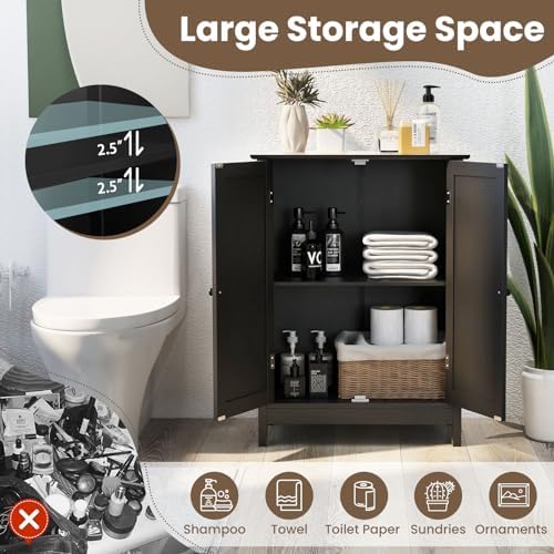 COSTWAY Bathroom Storage Cabinet, Freestanding Bathroom Organizers and Storage with Doors & Adjustable Shelf, Wooden Floor Cabinet for Home, Living Room, Entryway, Kitchen (Black) | Storage with Doors & Adjustable Shelf, Wooden Floor Cabinet for Home, ...