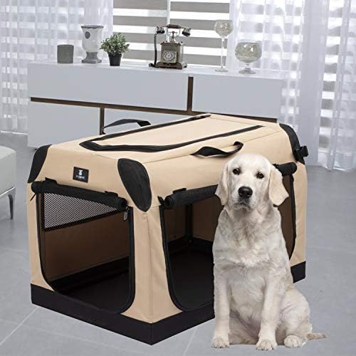 X-ZONE PET 3-Door Portable Soft-Sided Folding Soft Dog Travel Crate Collapsible Pet Kennel,X-Large, 36 x 25 x 25 Inches,Tan