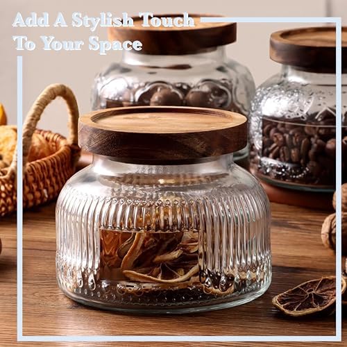 Decorative Ribbed Glass Jar with Airtight Wooden Lid, 40 fl. oz | Wide mouth vintage storage canister, kitchen pantry bathroom organization, coffee sugar tea cookie candy candle vase gift