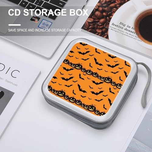 Portable 40-Disc CD Storage Binder Pumpkin Bat Halloween, Hard Case Wallet with Handle, Protective Organizer for Movies Music Travel