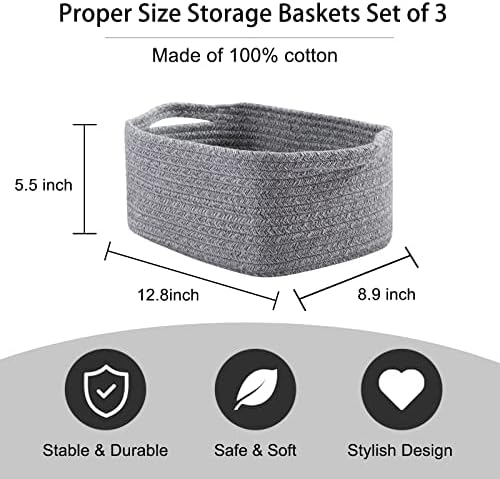 OIAHOMY 3 Pack Storage Baskets for Shelves Cotton Rope Storage Bins Grey | Woven Baskets for Storage Nursery Storage Basket with Handles Baskets for Organizing Small Baskets Gift Baskets Empty