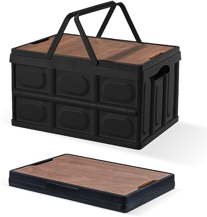 2 PSC Collapsible Storage Box with Lid, 13 Gallon Foldable Storage Bin with Wood Grain Top, Portable Organizer Tote with Handles for Car Trunk, Camping, RV, Grocery Shopping, Home Storage, Black