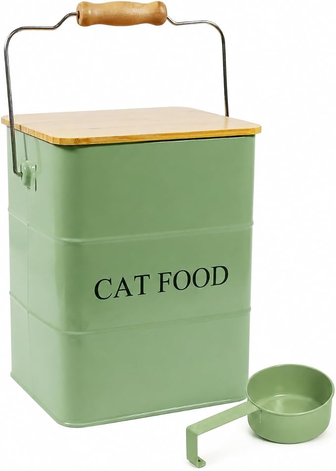 Morezi Cat food storage container storage bin with wooden lid scoop included green metal cat food container in kitchen countertop