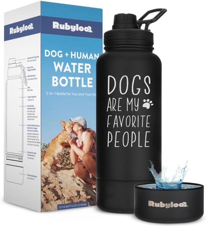 Rubyloo The Original Doggy Bag (Charcoal) & 32oz Insulated Water Bottle with Attached 8oz Bowl (Dogs are My Favorite People) – Dog Travel Bag & Hydration Set
