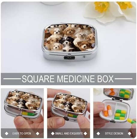 Travel Portable Pill Box with Mirror Cute Pet Dogs Printed Rectangular Medicine Box 2 Compartment Medicine Case Vitamin Pill Organizer for Fish Oils Supplements