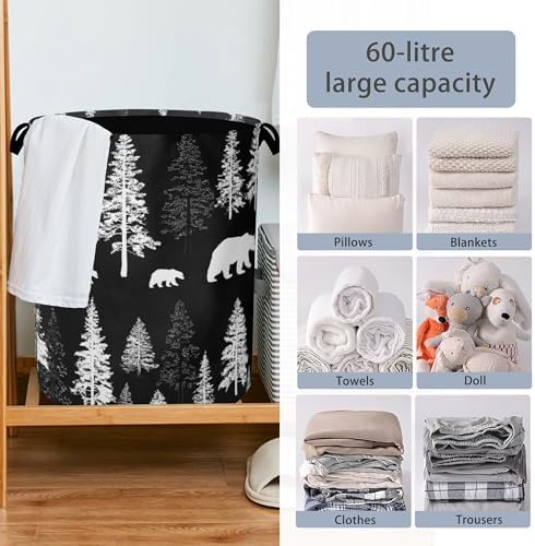 Bear Forest Laundry Basket,Winter Foldable with Handles Tote Bag Oxford Cloth for Bathroom Bedroom Dirty Clothes Storage Bucket 16" x 20.8"