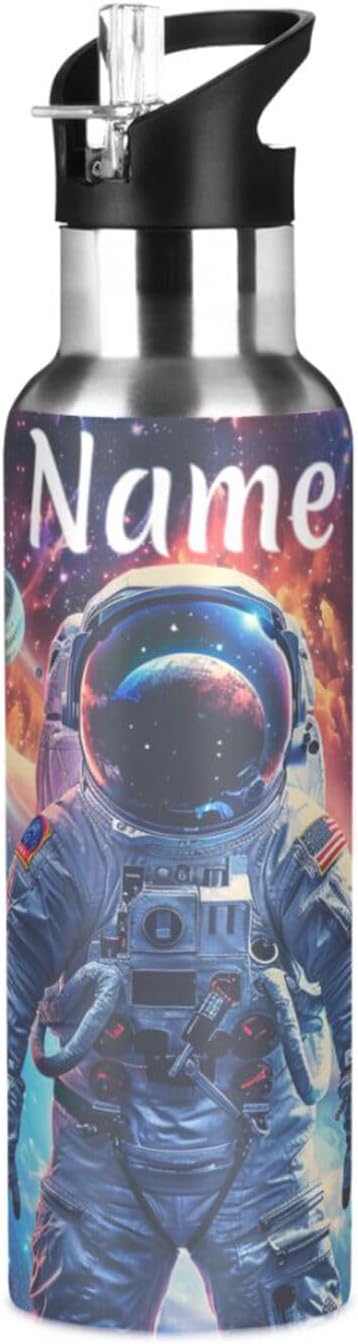 Custom Name Astronaut Planets Galaxy Space Water Bottle with Straw Lid Kids Insulated Stainless Steel Water Flask Sports, 20 Oz Hot Cold