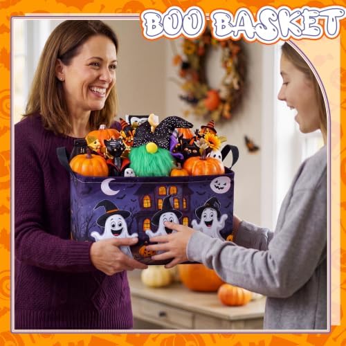 Breling 4 Pcs Halloween Baskets Boo Basket Gift Pumpkin Skull Ghost Baskets with Handles Large Collapsible Storage Bins Boxes for Trick or Treat Gifts Laundry Shelves Home Storage, 15 x 10 x 8 in