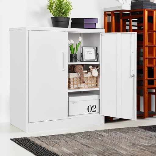 Metal Storage Cabinets with Lock, Small Locker Organizer Steel Cabinets, Adjustable Layers Shelves 2 Doors for Home, Office, Warehouse,Garage,Industrial,Employee Lockers (White-36)