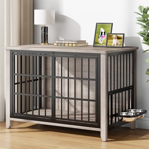YaFiti 37.7" Wooden Dog Crate Furniture for Medium Dogs, Grey | Adjustable Feeder, 2 Bowls, Chew-Resistant, Heavy Duty, Dog Kennel Indoor, Decorative Side End Table, Pet Cage House