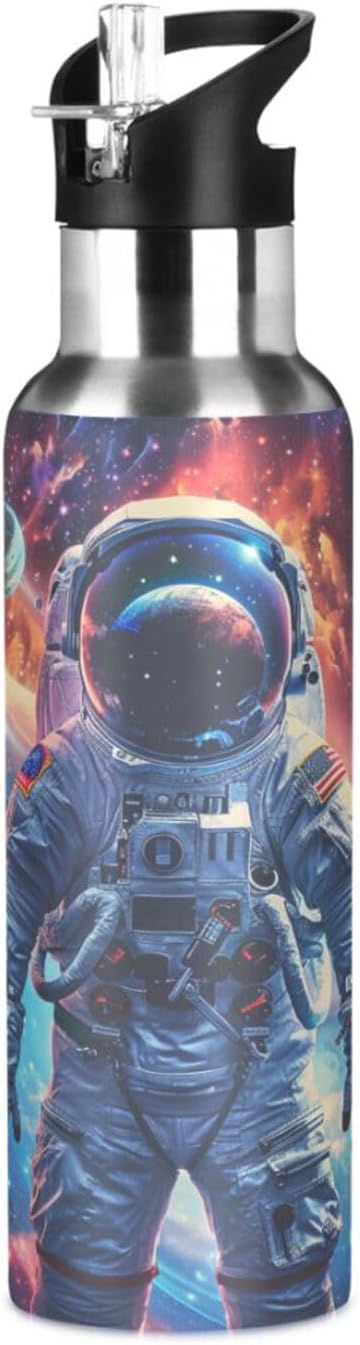 Astronaut Planets Galaxy Space Water Bottle with Straw Lid Kids Insulated Stainless Steel Water Flask Sports, 20 Oz Hot Cold