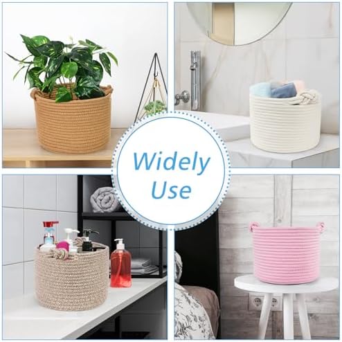 ABenkle Small Woven Basket, Cotton Rope Shelf Storage Basket, Small Round Basket, Cute Basket, Decorative Round Bin for Nursery Bedroom Bathroom, 9.4" x 9.4"x 7.1" Empty Gift Basket- Pink