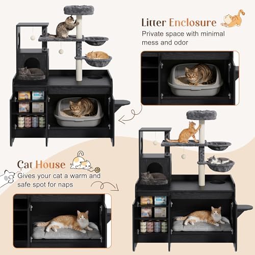 50.6 Inch Cat Tree with Litter Box Enclosure and Storage, Black | Hidden Litter Box Cabinet with Multi-Level Platforms, Dual Hammocks, Sisal Scratching Posts, Condo and Top Perch for Play