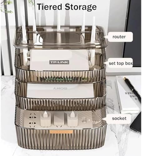 DOUKI PET Desktop WiFi Router Storage Box Wall Hanging Cord Organizer Box and Cover Four Layers Shelf Bracket for TV Components