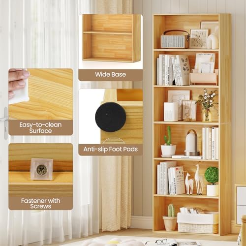 GIANTEX 6-Tier Bookcase Set of 2, 70" Tall Wooden Bookshelf, Freestanding Storage Organizer w/Open Shelves, Anti-Tipping Kits, Modern Floor Standing Display Shelves for Living Room,Burlywood