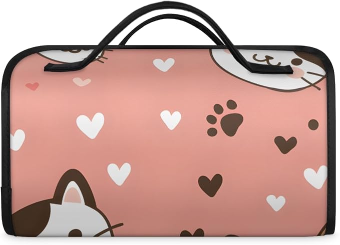 Cat Makeup Bag for Women Hanging Roll-Up Travel Organizer Toiletry Kit with 4 Removable Compartments, Cat Paws Print