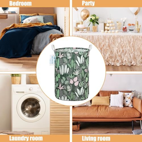 Round Laundry Basket Collapsible Storage Hamper Organizer Full Leaf | Waterproof Canvas Foldable Baskets with sturdy Handles Multi-scene Organizer for Home Play Bedroom Gift Bin