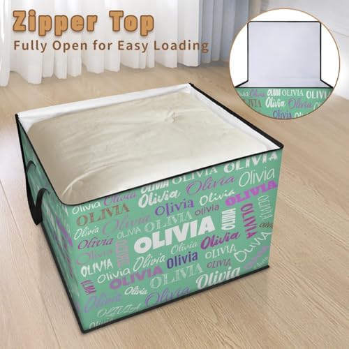 Personalized Extra Large Storage Basket with Lid, Comforters, Bedding Toys Storage Bin with Handles for Home, Collapsible Basket for Clothes, Moving, Car Trunk, mint Green Colorful Name