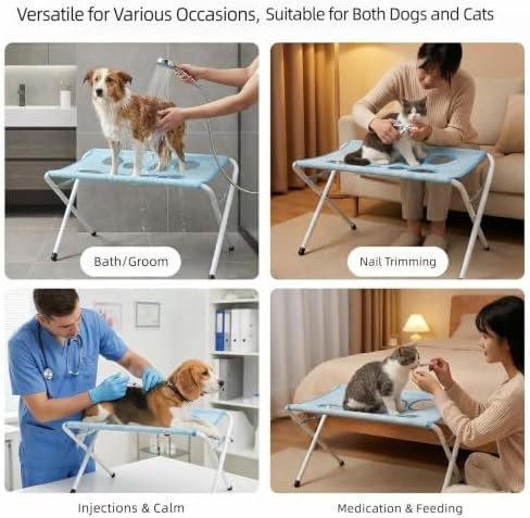 Foldable Pet Bathing Stand, Portable Grooming Rack 10kg | Triangular Steel Frame, Breathable Mesh Net, 8 Hole Restraint, Space Saving Folding Design