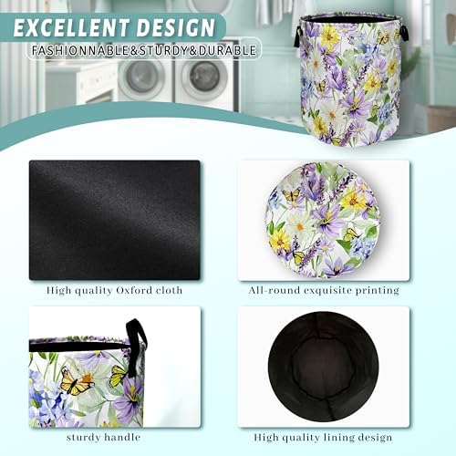Purple Flower Butterfly Laundry Basket Oxford Cloth Hamper 18.9"x16.5"