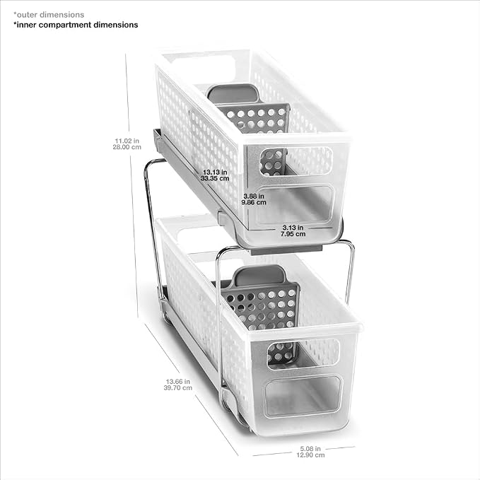 madesmart Mini 2-Tier Organizer, Multi-Purpose Slide-Out Storage with Handles and Dividers for Home and Bath, Frost | pull out bins, adjustable dividers, tiered access, cleaning supplies, under sink use, pantry bottles, woman owned