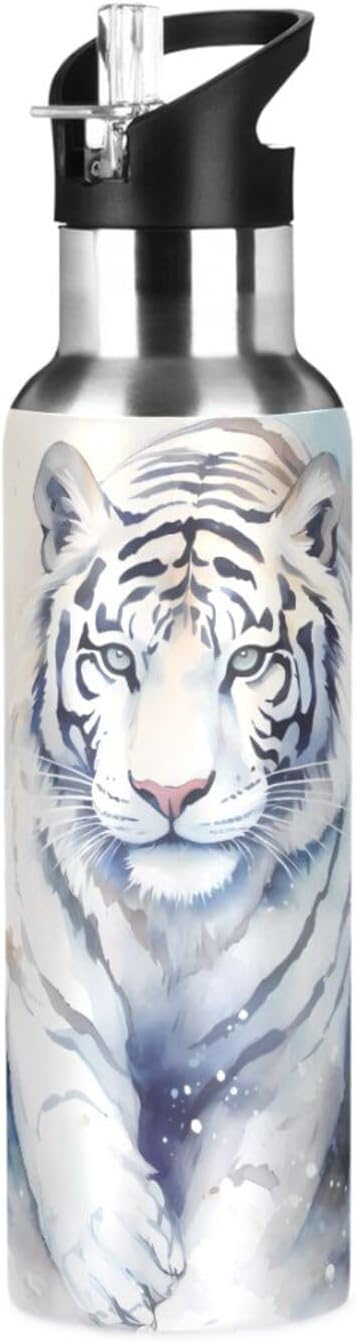 Tiger Walk Water Bottle with Straw Lid Kids Insulated Stainless Steel Water Flask Sports, 20 Oz Hot Cold