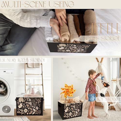 Vintage Dark Botanical Floral Storage Bins with Handles, Modern Boho Nature Flower Leaf Collapsible Laundry Basket Storage Box for Home Bedroom Bathroom Clothes Toys Books