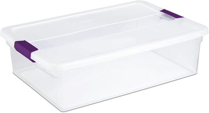 Sterilite ClearView Latch Boxes, Storage Bins with Lids, 32 Quart, 12-Pack | Clear Plastic Organizers with Color Accent Latches for Closet, Bedroom, Shelving Units, Dorm Room and Home Organization
