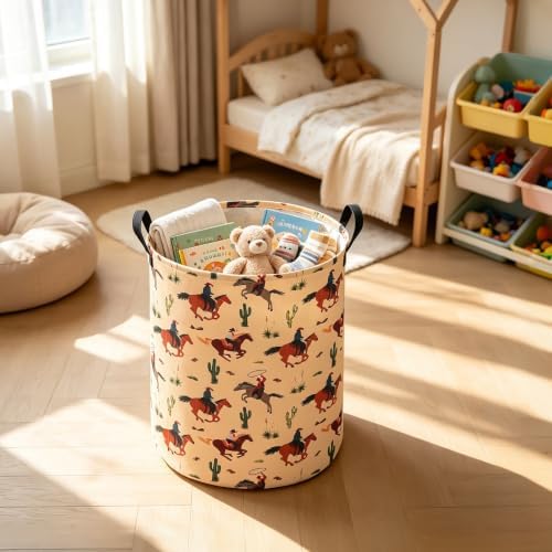 Round Laundry Basket Collapsible Storage Organizer Cactus Cowboy | Waterproof Canvas Foldable Baskets with sturdy Handles Multi-scene Organizer for Home Play Bedroom Gift Bin
