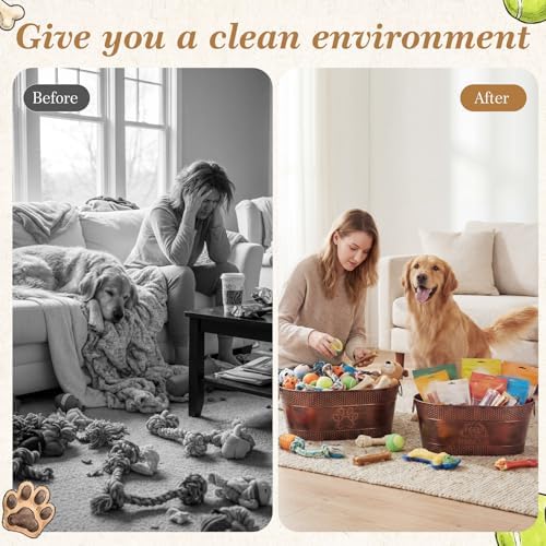 Zonon 2 Pack Metal Dog Toy Baskets, Large Dog Toy Bin with Handles | Copper Dog Toy Box, Durable Galvanized Steel Pet Toy Storage Box for Dog Blankets Leashes Storage Living Room Area (21 Quart)