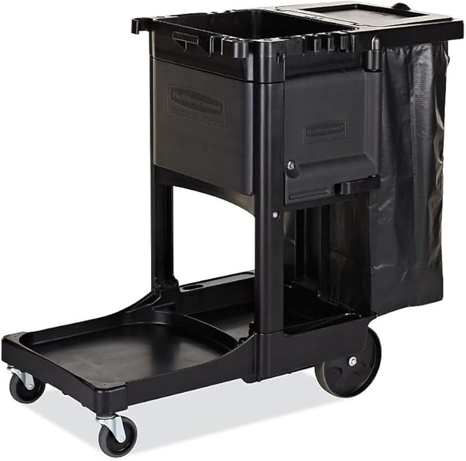 Rubbermaid Commercial Products Executive Series Janitorial and Housekeeping Cleaning Cart with Locking Cabinet, Wheeled with Zippered Black Vinyl Bag, Black, 38.4" H x 21.8" W x 46" L