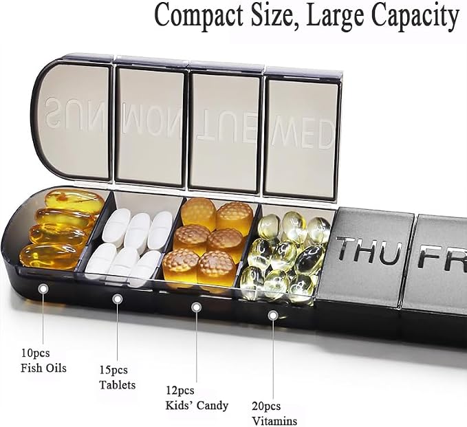 Pill Organizer Large, Travel Weekly 7-Day Vitamins Case Dispenser | Matte Black, Medicine Pill Box Holder Container for Medication, Meds and Minerals, Supplements, Fish Oil, Capsules, Tablet