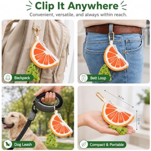 Grapefruit Poop Bag Holder - Cute Leash Dispenser for Dog Walking | Stylish Zipper Case Dog Poop Bag Holder & Trash Carrier, Leash Attachable Dispenser for Poop Bags, Cute Walking Accessory