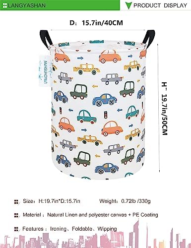 Round Laundry Basket Collapsible Storage Hamper with Car Print | Waterproof Canvas Foldable Baskets with sturdy Handles Multi-scene Organizer for Home Play Bedroom Gift Bin