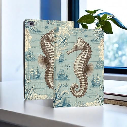 for Microsoft Surface Pro X/Pro X Plus-13 2019/2020/2021/2024 Tablet Case,Auto Wake/Sleep,Adjustable Stand Protective Cover - Vintage Seahorse Nautical