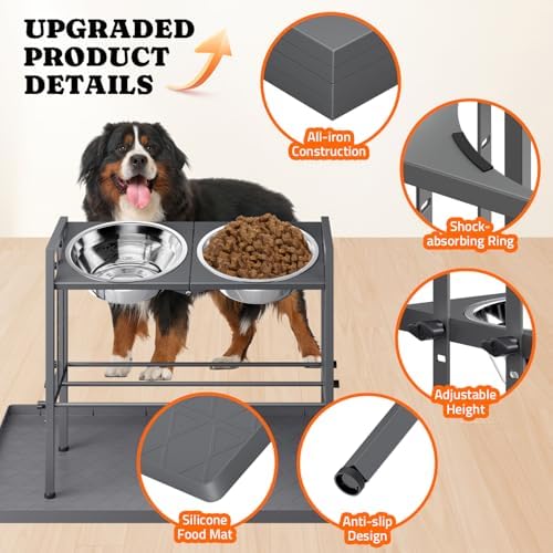 Pawtners Elevated Dog Bowl for Large Breed, Adjustable Feeder with Mat