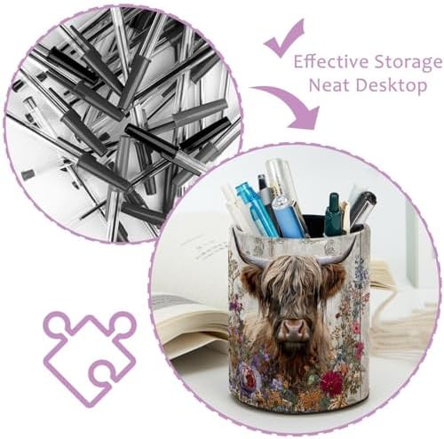 Faux Leather Pen Holder for Desk, Pencil Organizer Highland Cow Pen Cup Desk Decor Makeup Brush Holder Storage for Office Home